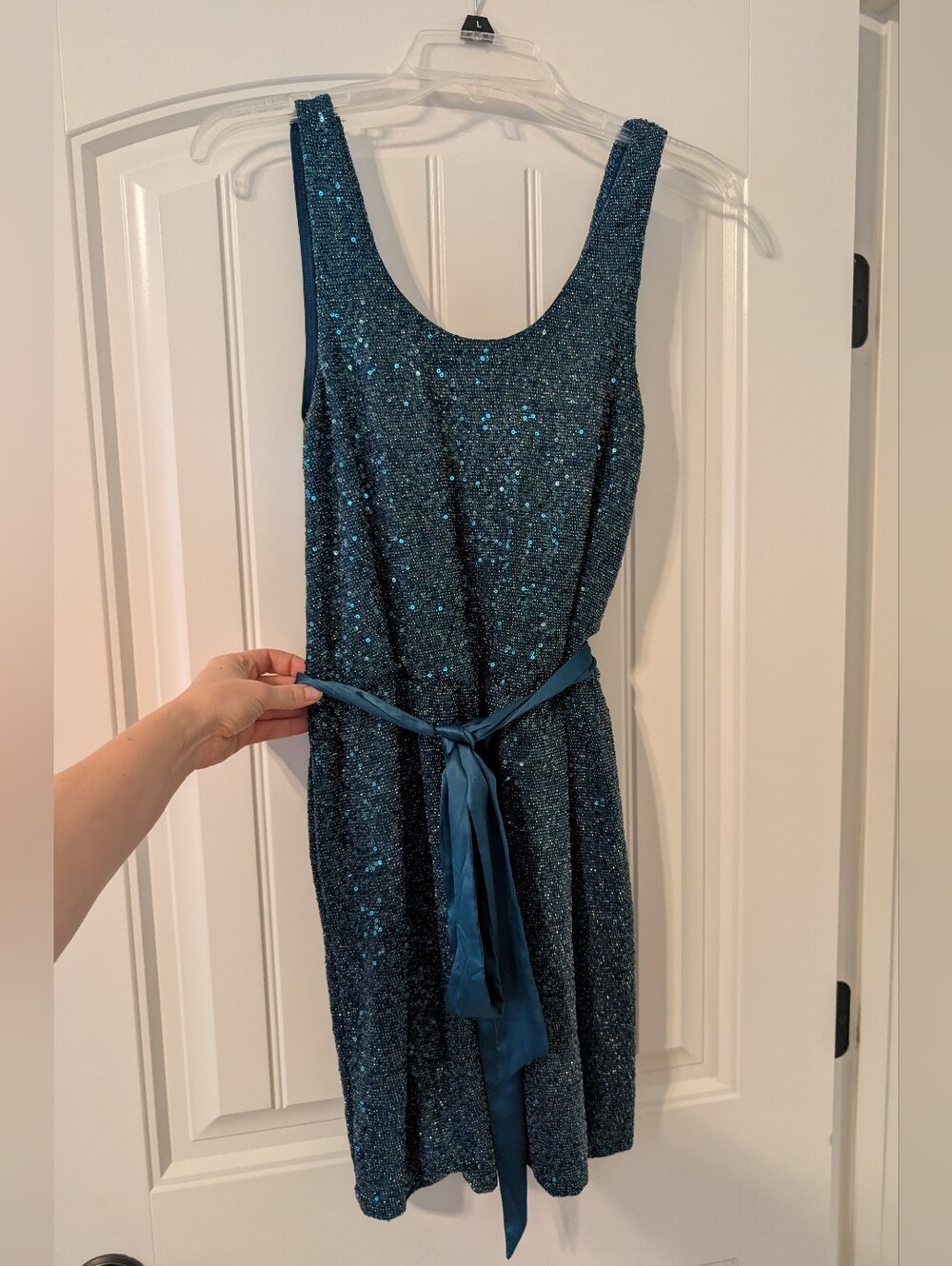 XS Express Teal Sequin Open Back Mini Dress with Satin Belt